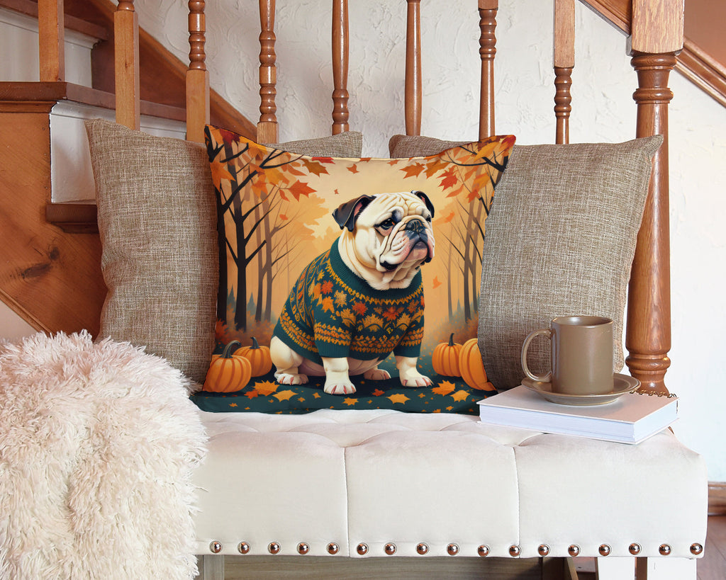 White English Bulldog Fall Decorative Throw Pillow 14x14 Indoor Outdoor Accent Cushion, Fabric Cover with Insert for Sofa, Bed, Porch & Living Room
