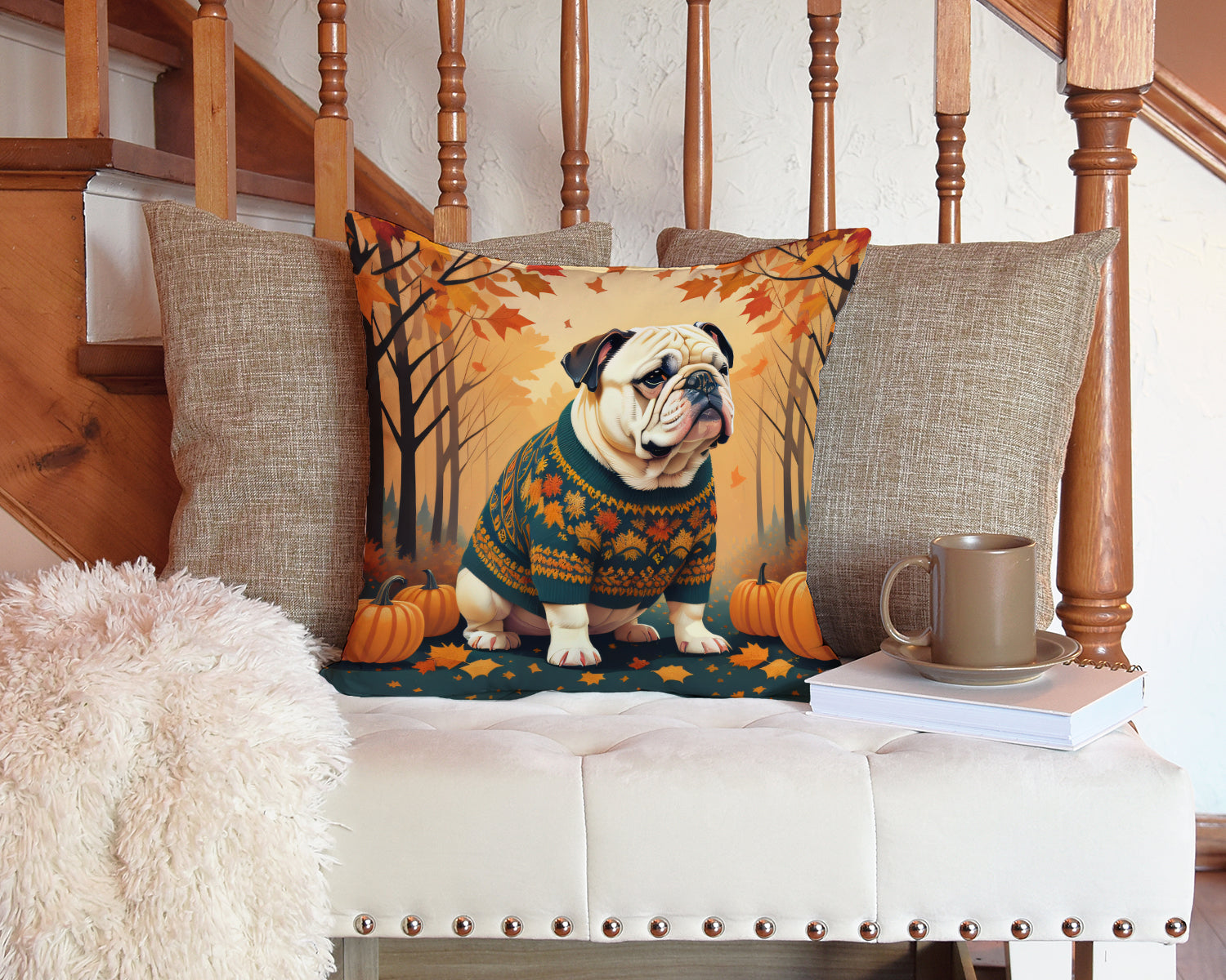 White English Bulldog Fall Decorative Throw Pillow 14x14 Indoor Outdoor Accent Cushion, Fabric Cover with Insert for Sofa, Bed, Porch & Living Room