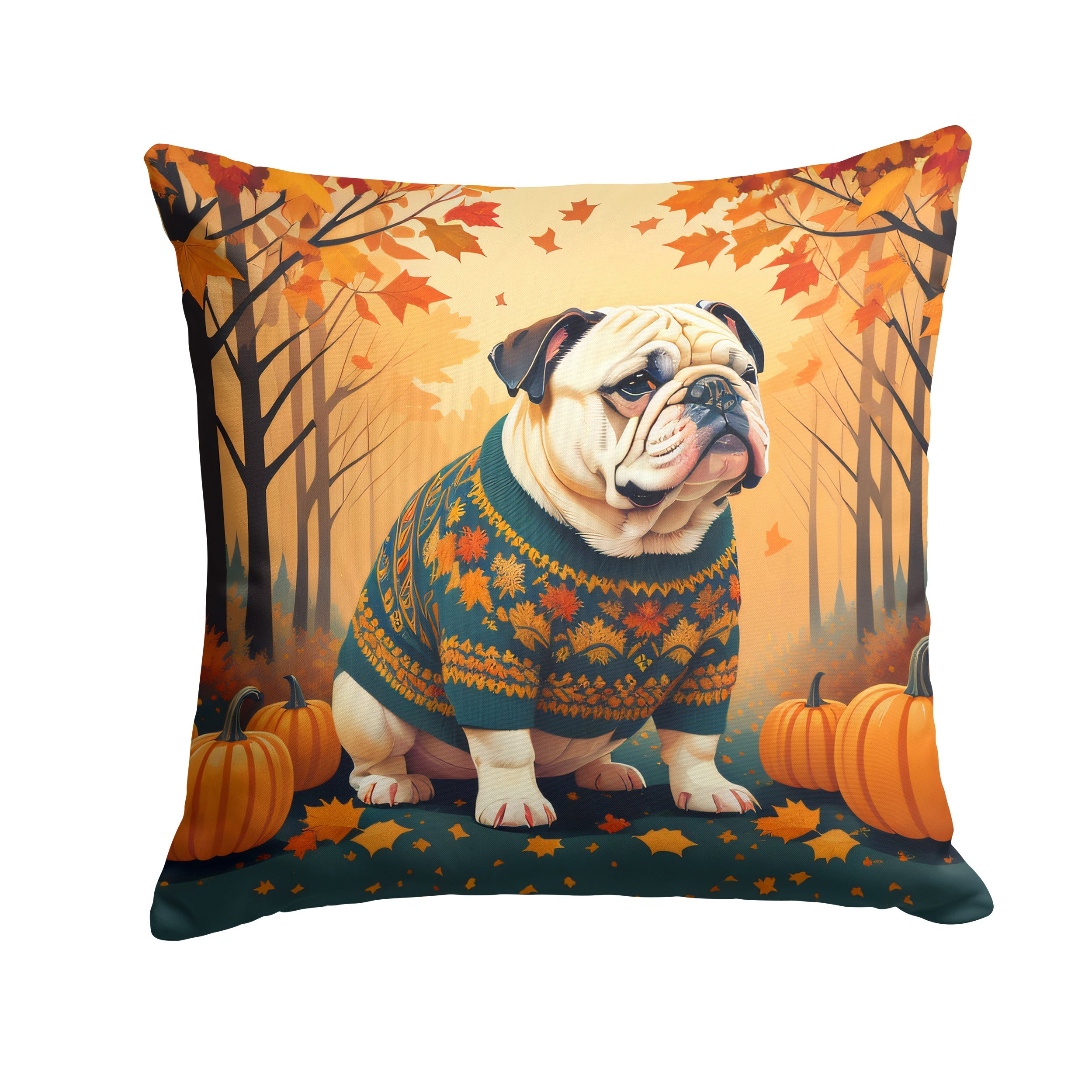 White English Bulldog Fall Decorative Throw Pillow 18x18 Indoor Outdoor Accent Cushion, Fabric Cover with Insert for Sofa, Bed, Porch & Living Room