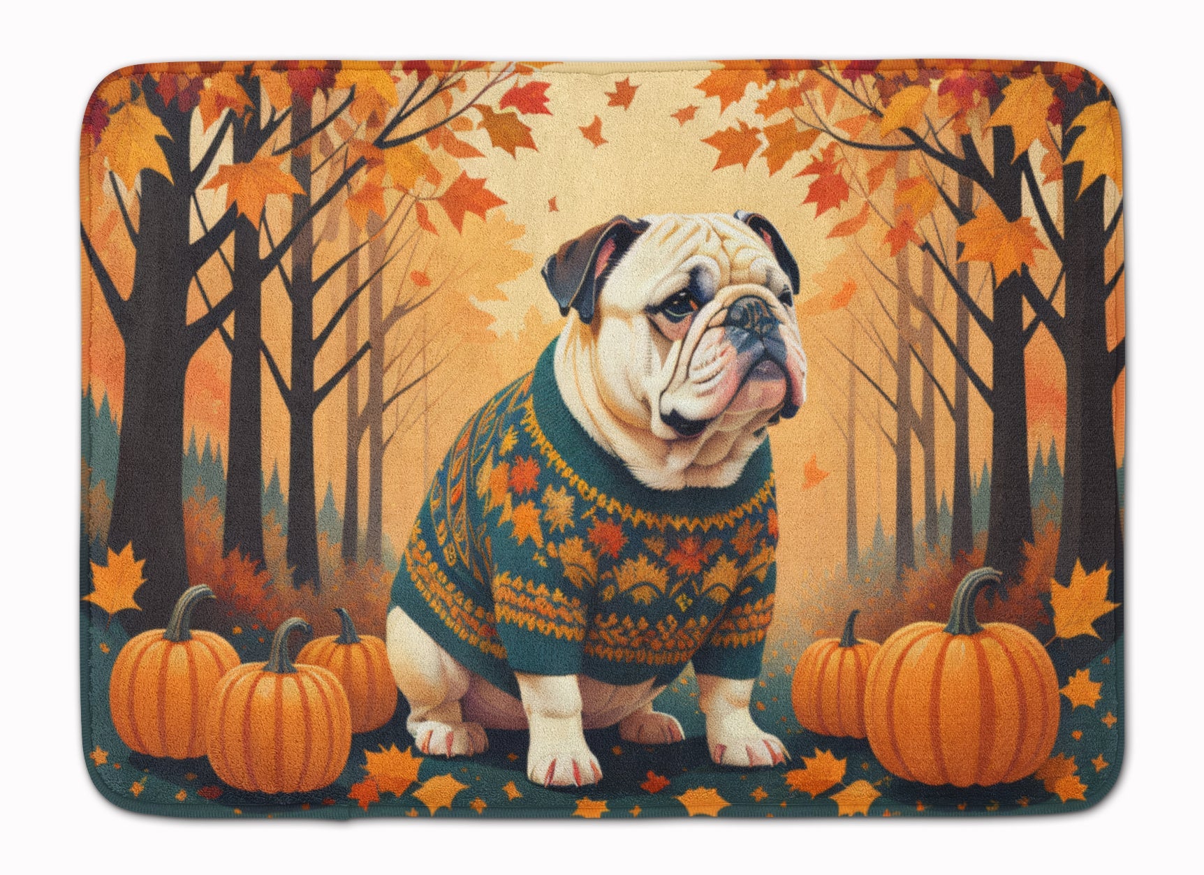 White English Bulldog Fall Memory Foam Kitchen Mat Machine Washable Anti-Fatigue Cushion Comfort Bath or Kitchen Rug
