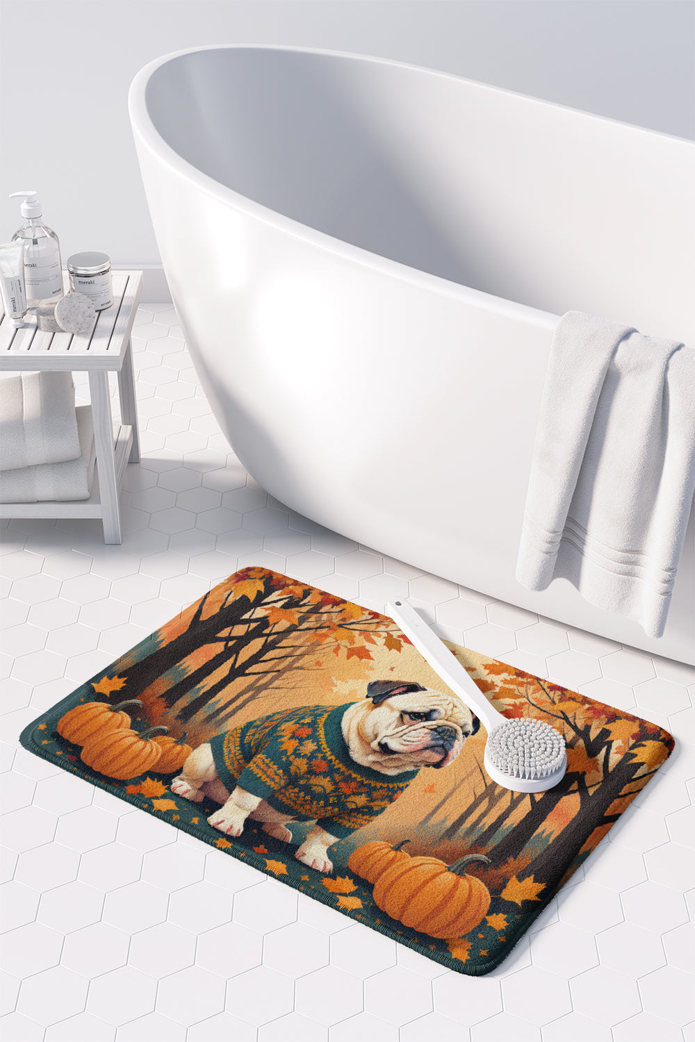 White English Bulldog Fall Memory Foam Kitchen Mat Machine Washable Anti-Fatigue Cushion Comfort Bath or Kitchen Rug