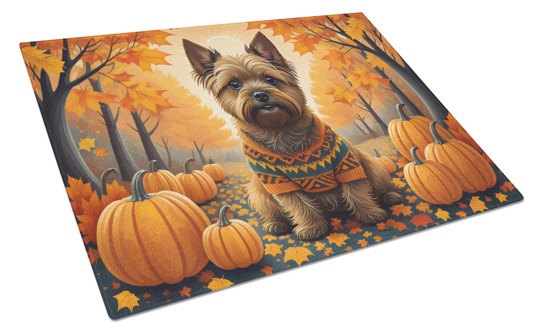 Cairn Terrier Fall Cutting Board Tempered Glass Kitchen Cutting Surface, Heat Resistant Chopping, Non-Slip Feet, Food Prep & Serving