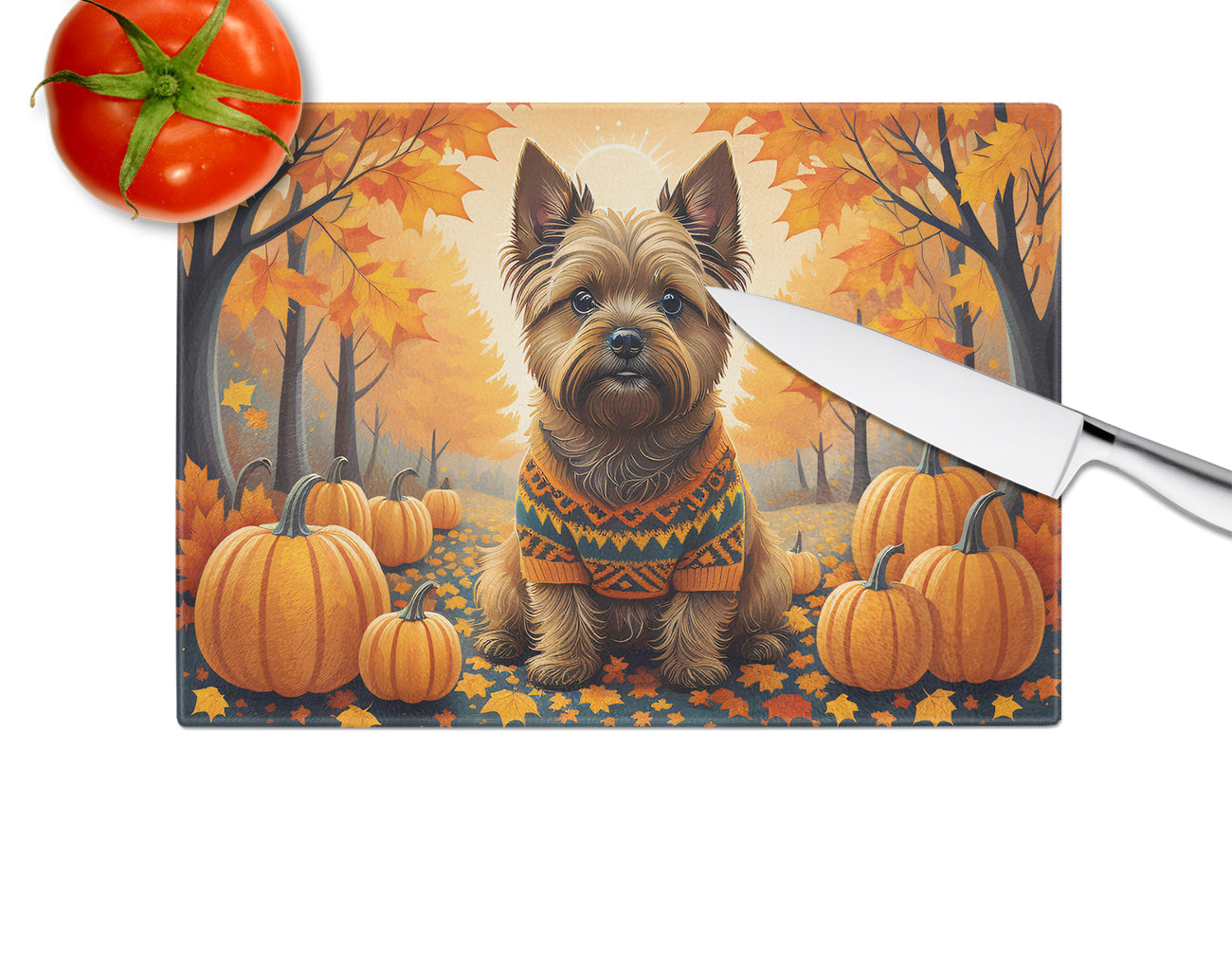 Cairn Terrier Fall Cutting Board Tempered Glass Kitchen Cutting Surface, Heat Resistant Chopping, Non-Slip Feet, Food Prep & Serving