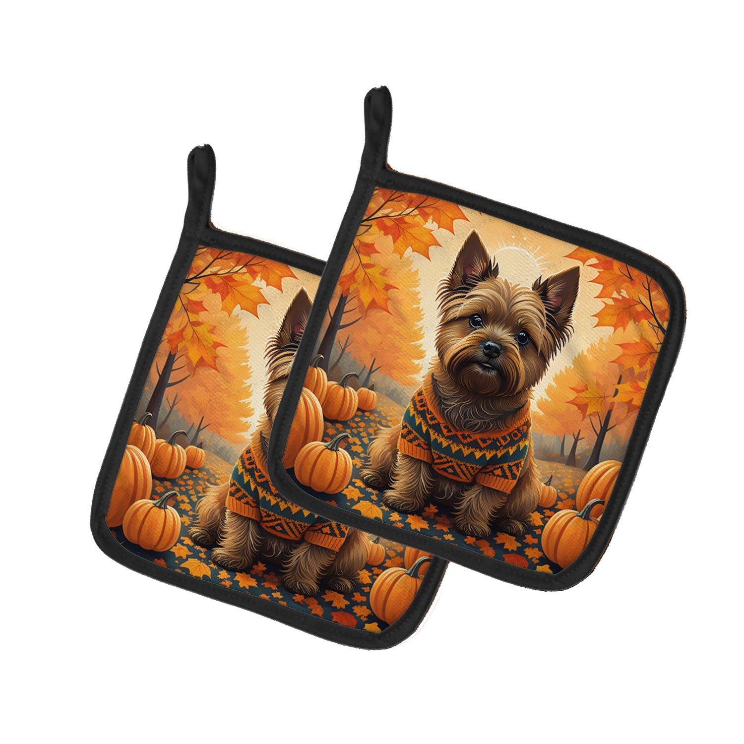 Cairn Terrier Fall Pot Holder Set of 2 Heat Resistant Quilted Hot Pads 7.5 x 7.5 Inch, Insulated Kitchen Trivets for Cooking & Baking
