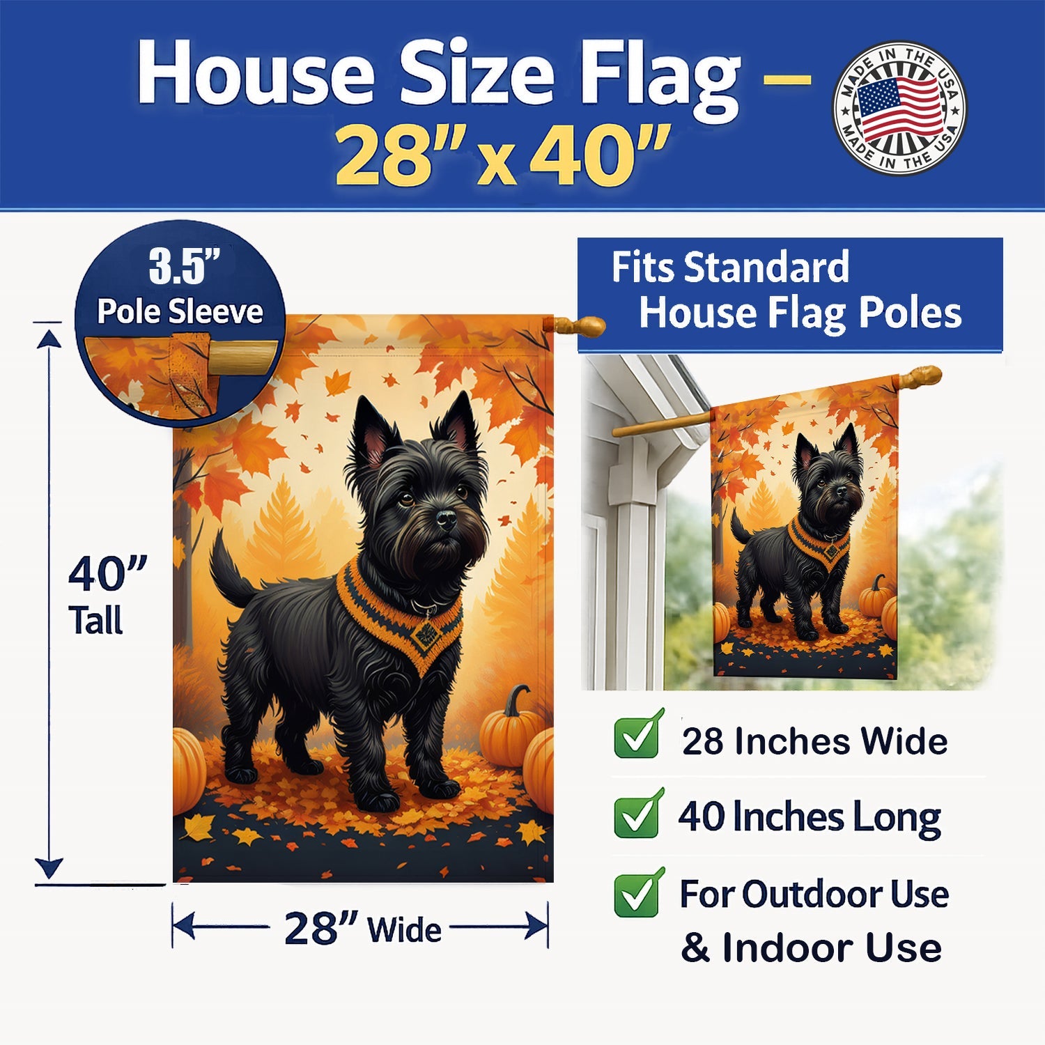 Black Cairn Terrier Fall House Flag 28x40 Porch Sleeve Pole Decorative Outside Yard Banner Artwork Wall Hanging, Polyester