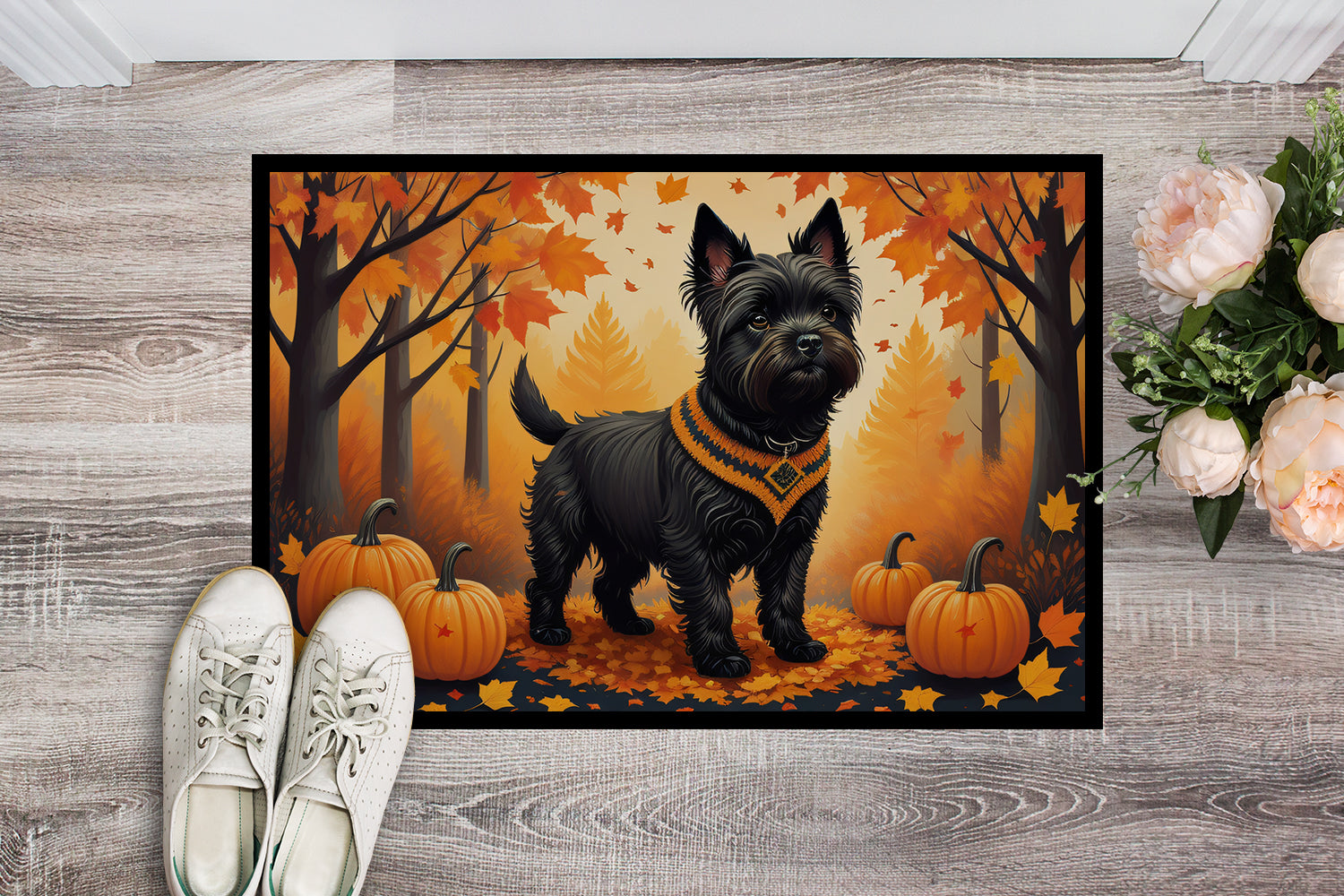 Black Cairn Terrier Fall Doormat Indoor Outdoor 24H X 36W Front Door Mat Rugs for Entryway, Non Slip Washable Low Pile,