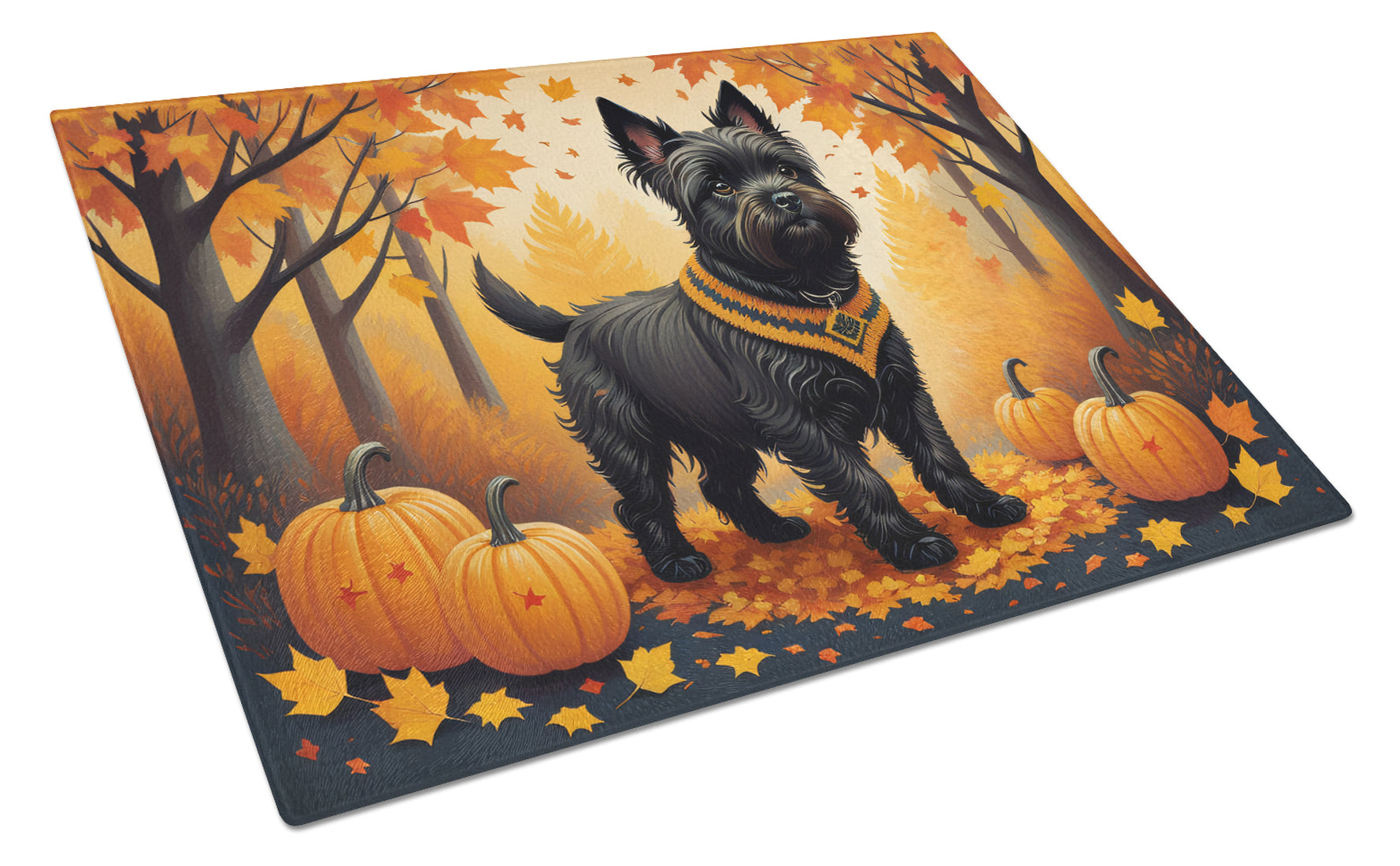 Black Cairn Terrier Fall Cutting Board Tempered Glass Kitchen Cutting Surface, Heat Resistant Chopping, Non-Slip Feet, Food Prep & Serving