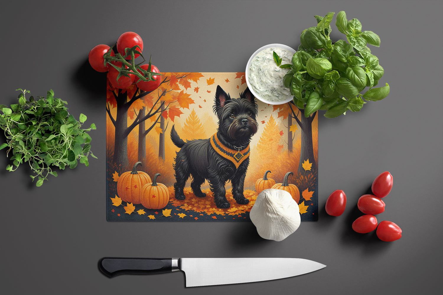 Black Cairn Terrier Fall Cutting Board Tempered Glass Kitchen Cutting Surface, Heat Resistant Chopping, Non-Slip Feet, Food Prep & Serving