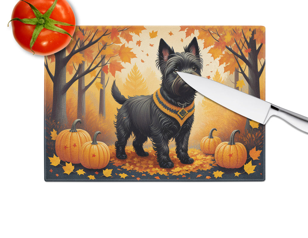 Black Cairn Terrier Fall Cutting Board Tempered Glass Kitchen Cutting Surface, Heat Resistant Chopping, Non-Slip Feet, Food Prep & Serving
