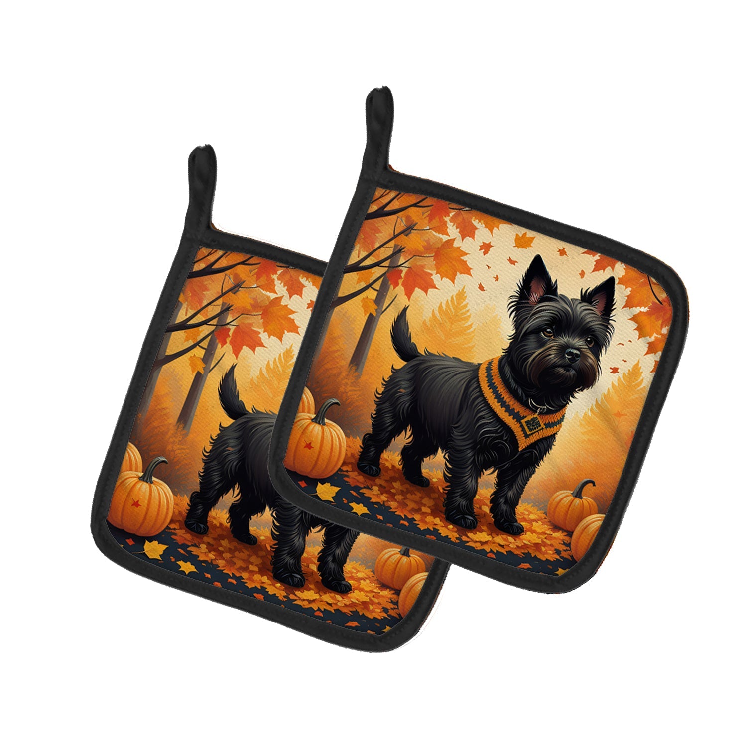 Black Cairn Terrier Fall Pot Holder Set of 2 Heat Resistant Quilted Hot Pads 7.5 x 7.5 Inch, Insulated Kitchen Trivets for Cooking & Baking