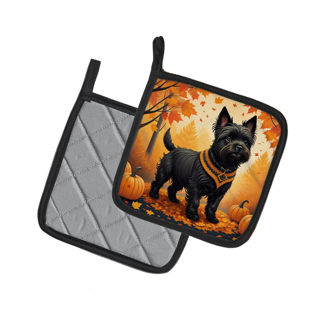 Black Cairn Terrier Fall Pot Holder Set of 2 Heat Resistant Quilted Hot Pads 7.5 x 7.5 Inch, Insulated Kitchen Trivets for Cooking & Baking