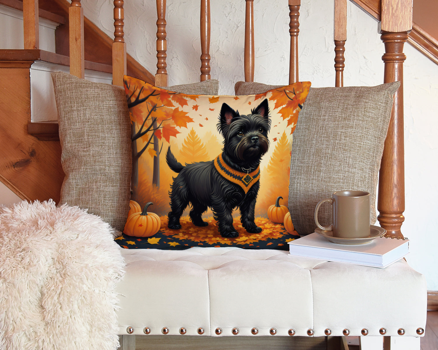Black Cairn Terrier Fall Decorative Throw Pillow 14x14 Indoor Outdoor Accent Cushion, Fabric Cover with Insert for Sofa, Bed, Porch & Living Room