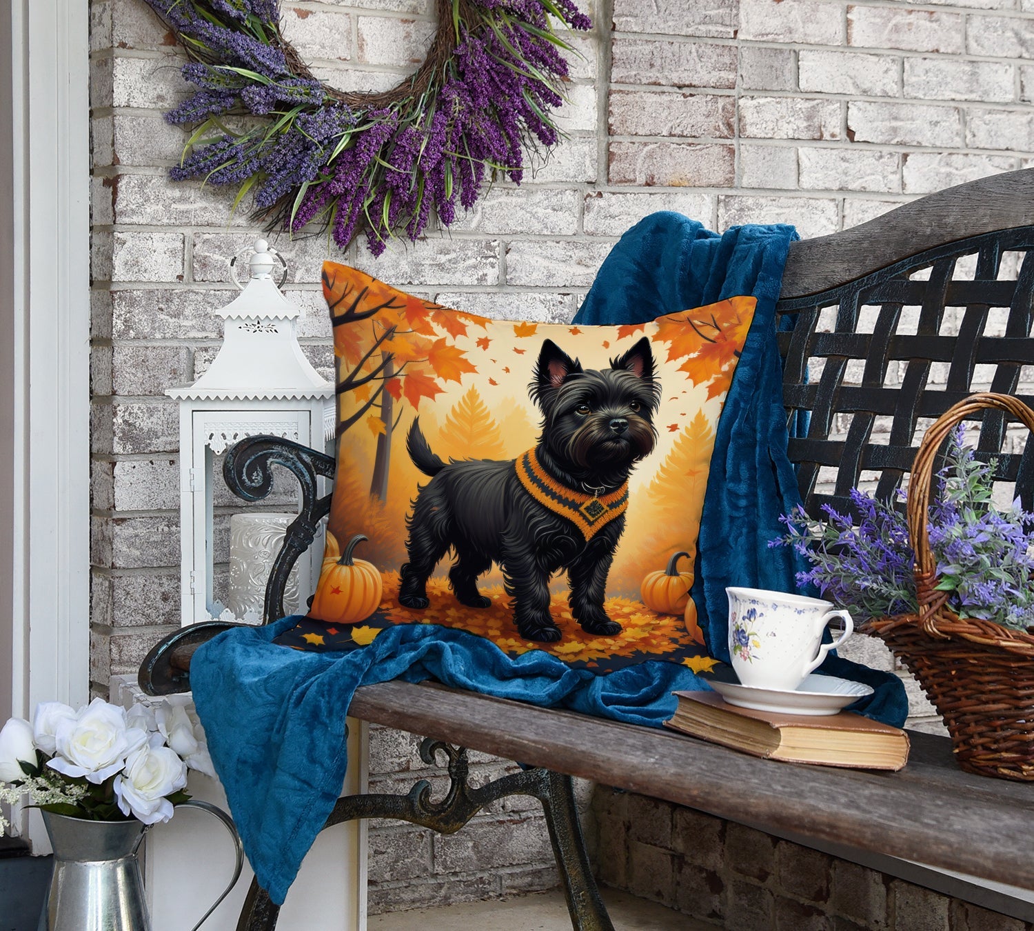 Black Cairn Terrier Fall Decorative Throw Pillow 18x18 Indoor Outdoor Accent Cushion, Fabric Cover with Insert for Sofa, Bed, Porch & Living Room