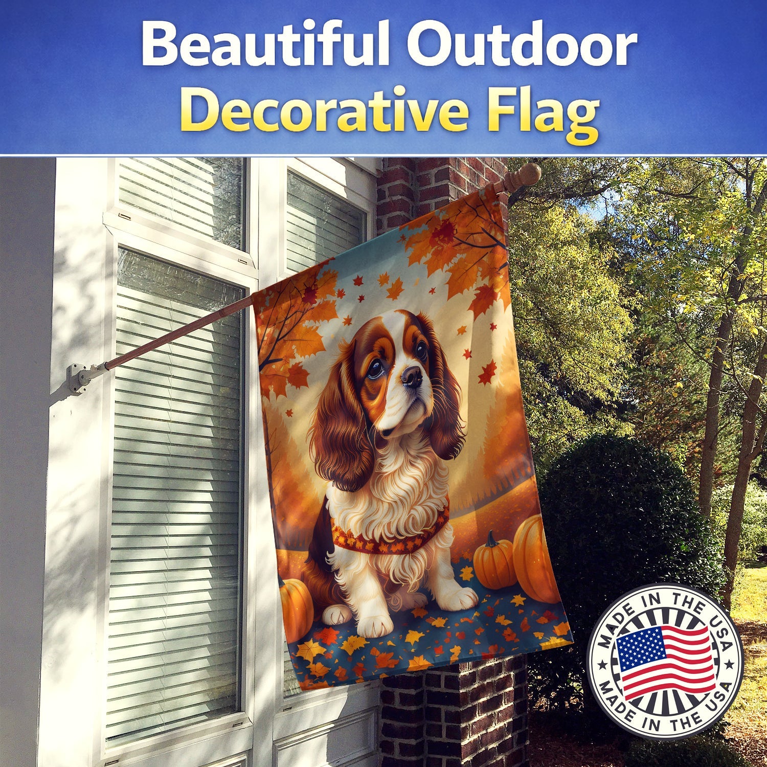 Cavalier Spaniel Fall House Flag 28x40 Porch Sleeve Pole Decorative Outside Yard Banner Artwork Wall Hanging, Polyester