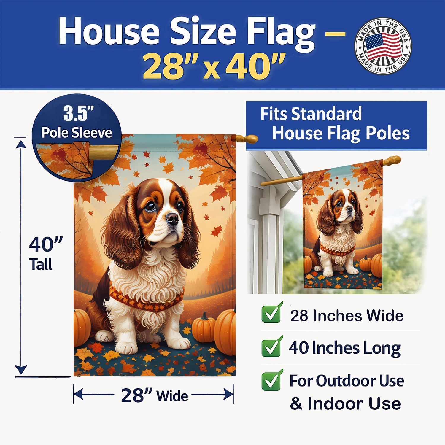 Cavalier Spaniel Fall House Flag 28x40 Porch Sleeve Pole Decorative Outside Yard Banner Artwork Wall Hanging, Polyester