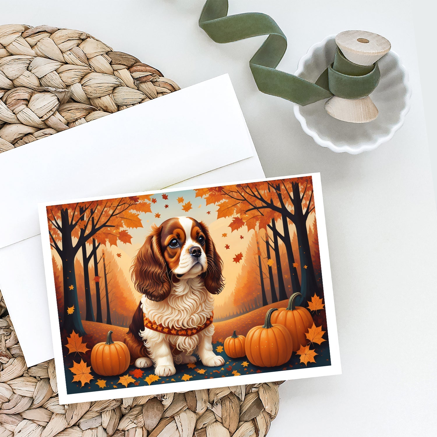 Cavalier Spaniel Fall Greeting Cards Pack of 8 Blank Cards with Envelopes Whimsical A7 Size 5x7