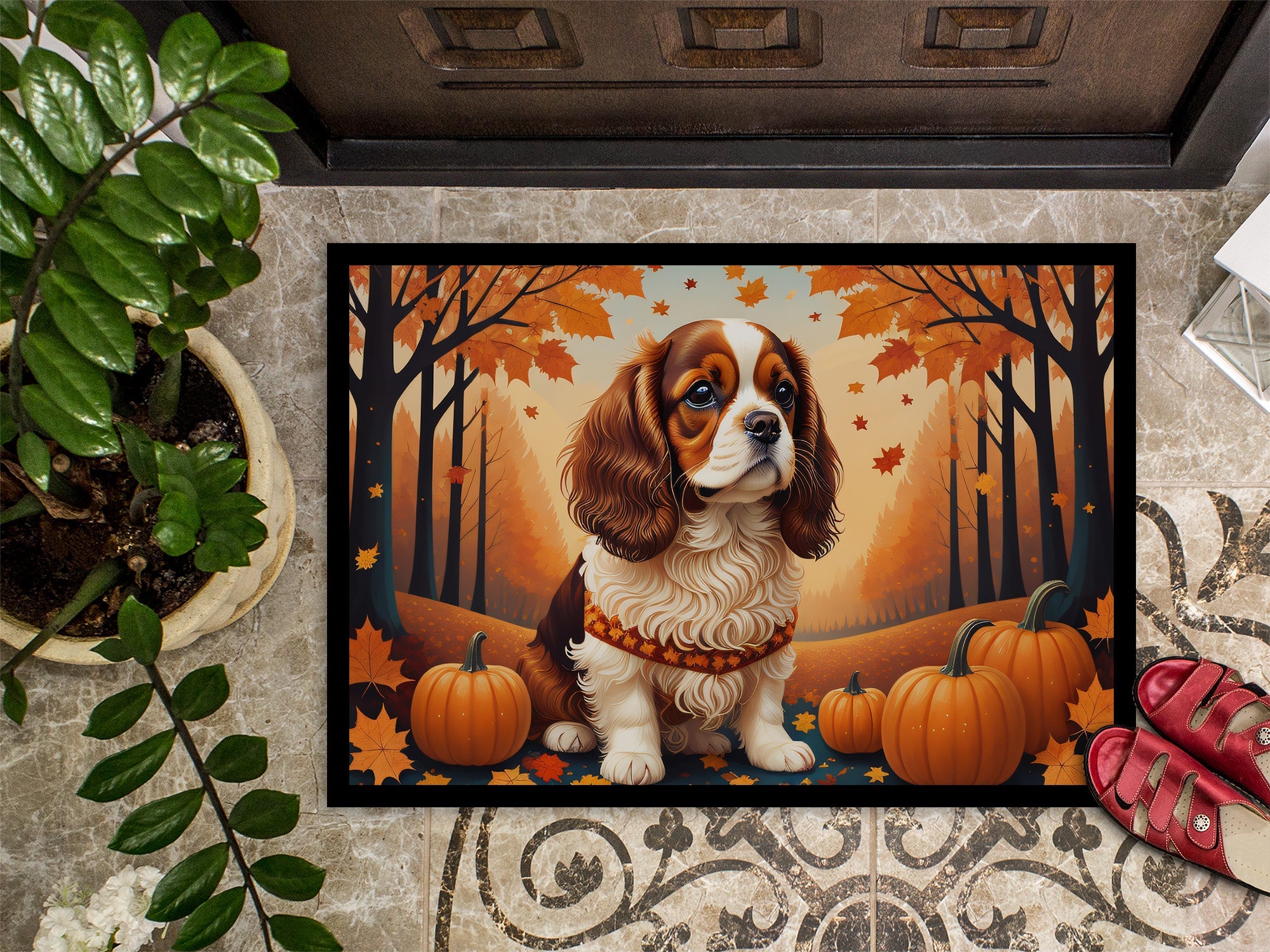 Cavalier Spaniel Fall Doormat Indoor Outdoor 24H X 36W Front Door Mat Rugs for Entryway, Non Slip Washable Low Pile,