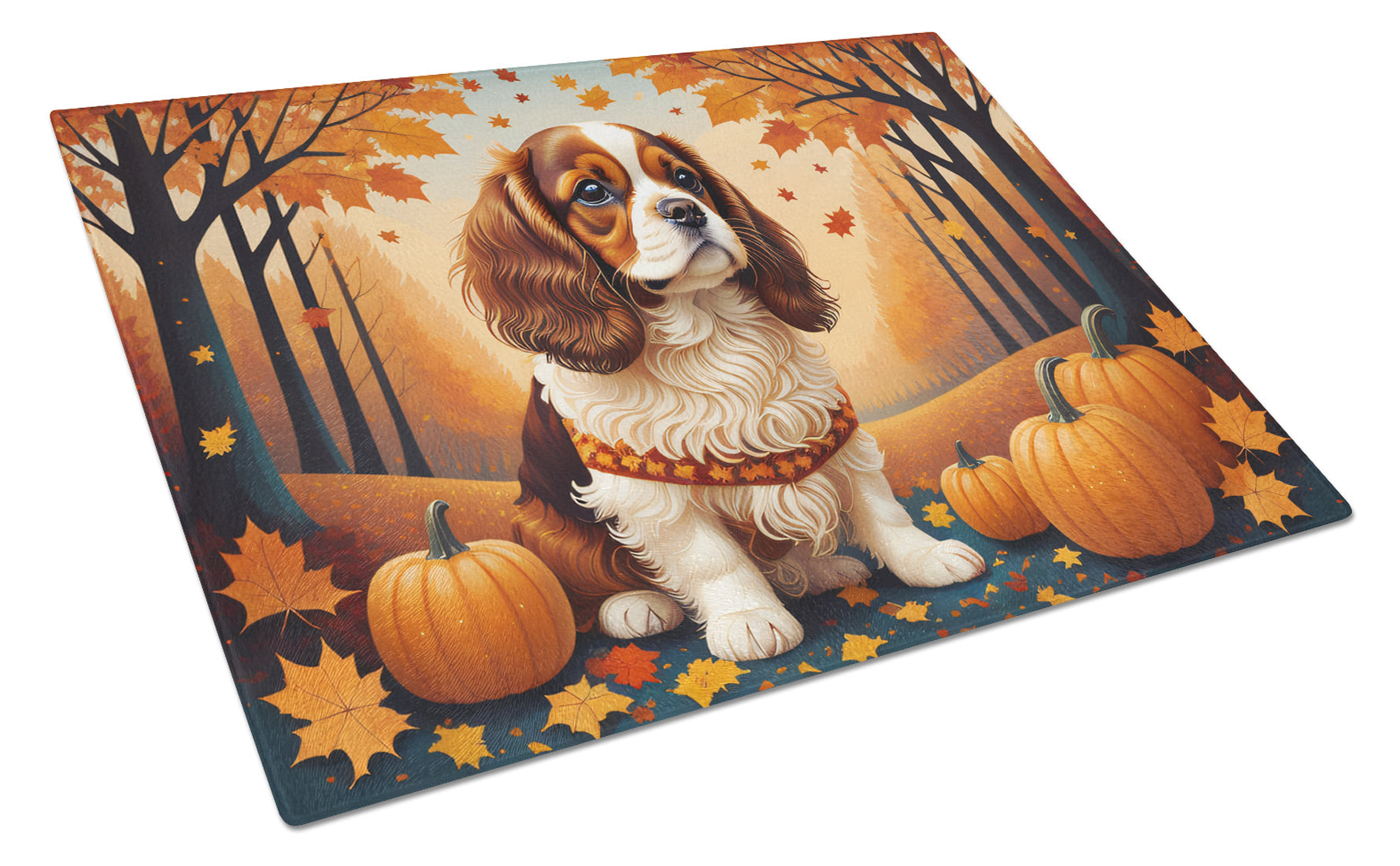 Cavalier Spaniel Fall Cutting Board Tempered Glass Kitchen Cutting Surface, Heat Resistant Chopping, Non-Slip Feet, Food Prep & Serving