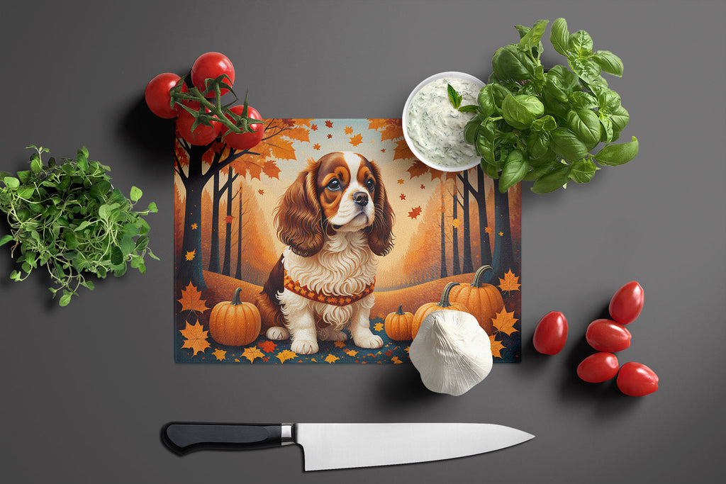 Cavalier Spaniel Fall Cutting Board Tempered Glass Kitchen Cutting Surface, Heat Resistant Chopping, Non-Slip Feet, Food Prep & Serving