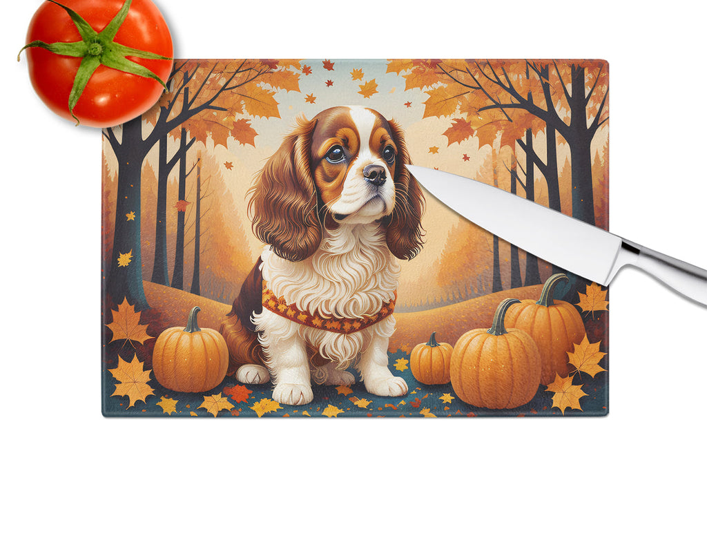 Cavalier Spaniel Fall Cutting Board Tempered Glass Kitchen Cutting Surface, Heat Resistant Chopping, Non-Slip Feet, Food Prep & Serving