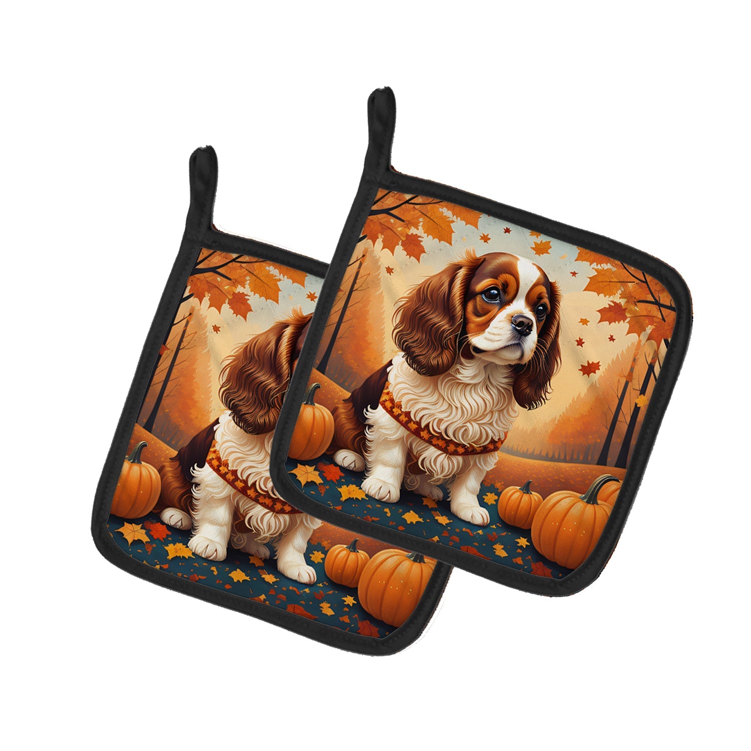 Cavalier Spaniel Fall Pot Holder Set of 2 Heat Resistant Quilted Hot Pads 7.5 x 7.5 Inch, Insulated Kitchen Trivets for Cooking & Baking