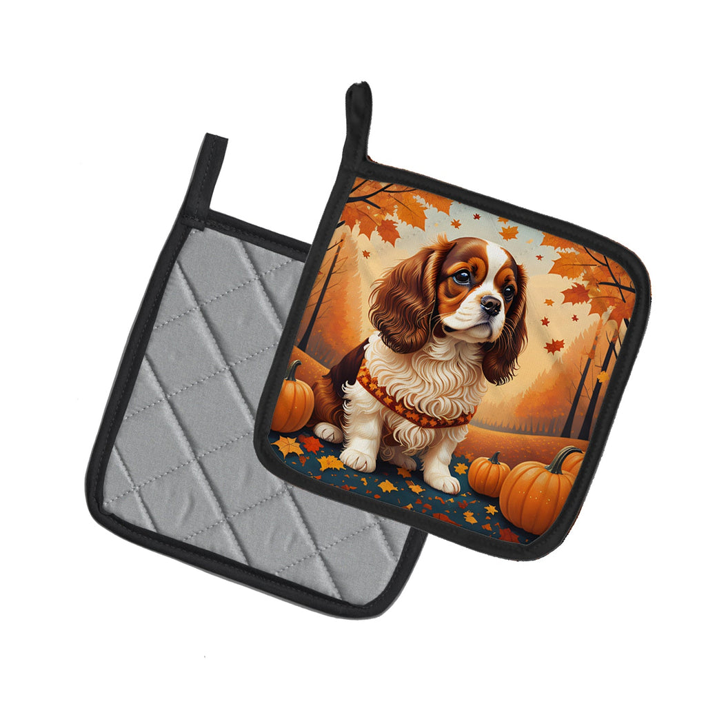Cavalier Spaniel Fall Pot Holder Set of 2 Heat Resistant Quilted Hot Pads 7.5 x 7.5 Inch, Insulated Kitchen Trivets for Cooking & Baking