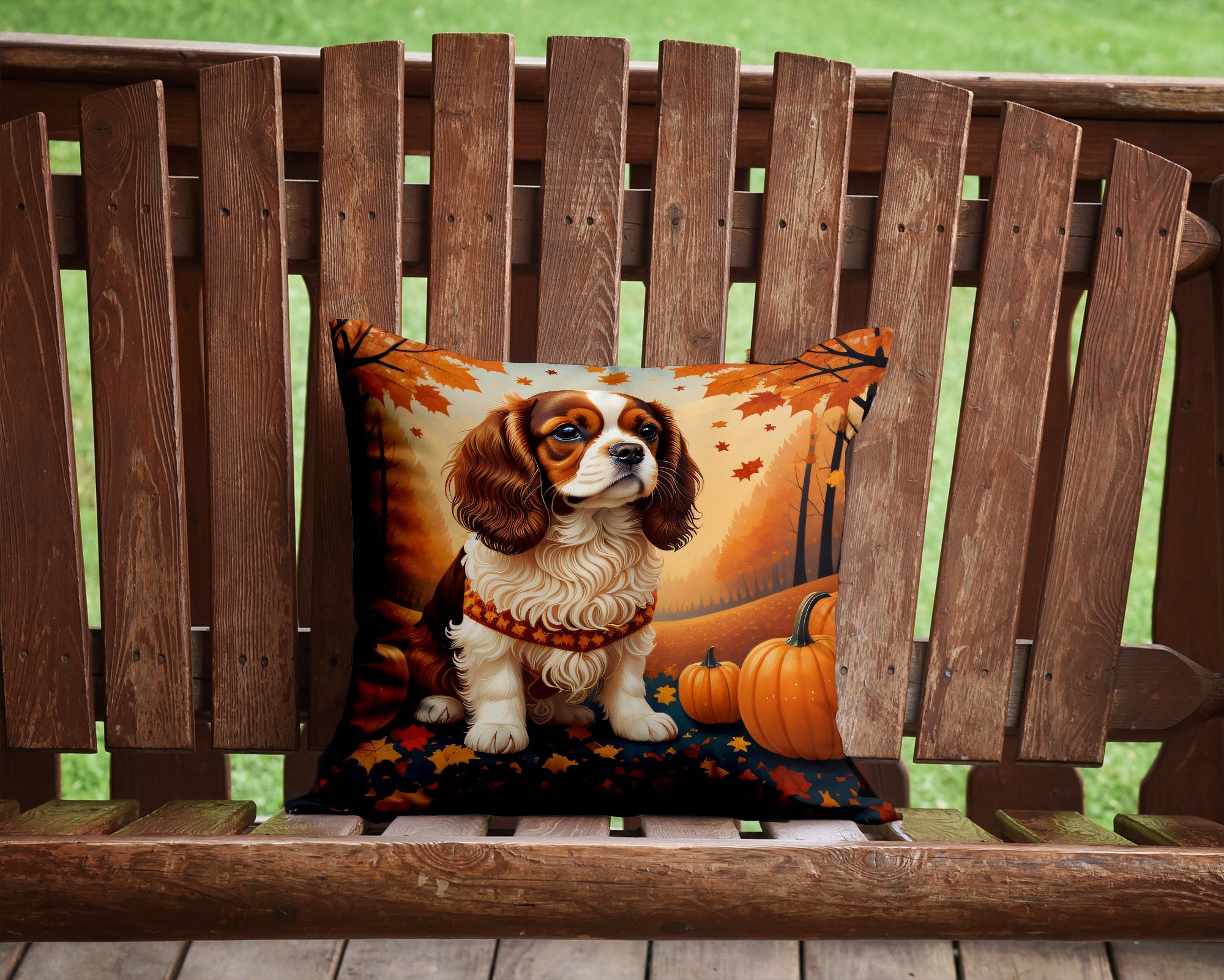 Cavalier Spaniel Fall Decorative Throw Pillow 14x14 Indoor Outdoor Accent Cushion, Fabric Cover with Insert for Sofa, Bed, Porch & Living Room