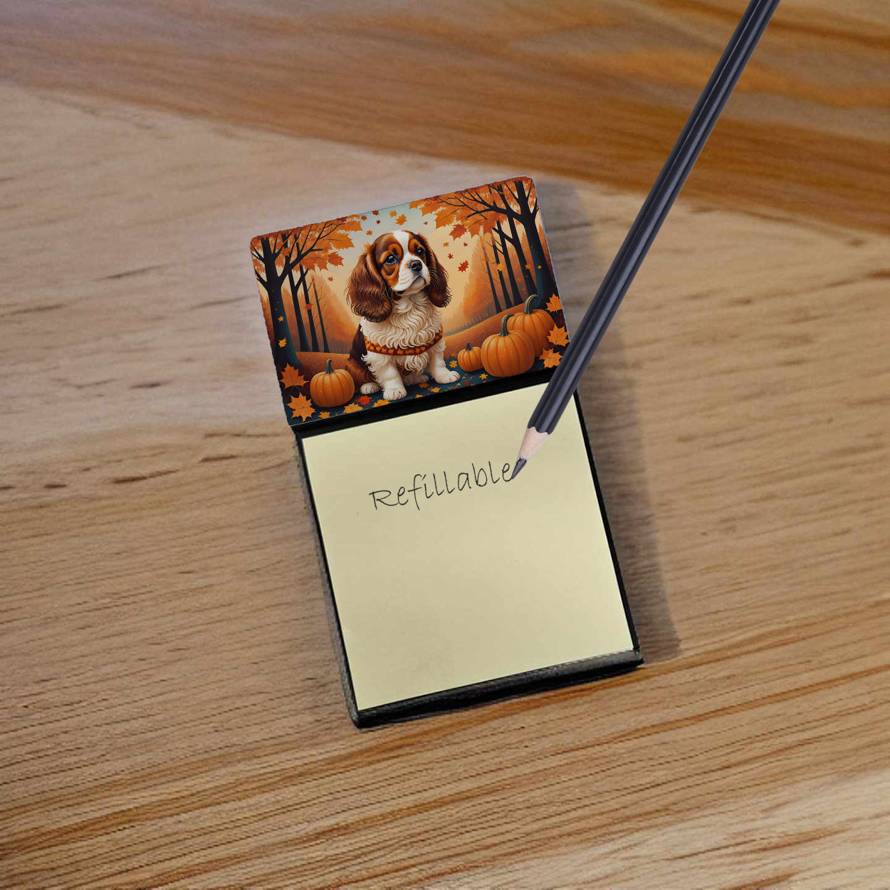 Cavalier Spaniel Fall Watercolor Sticky Note Holder Refillable Dispenser Desk Accessory 3x3 Pad Gift