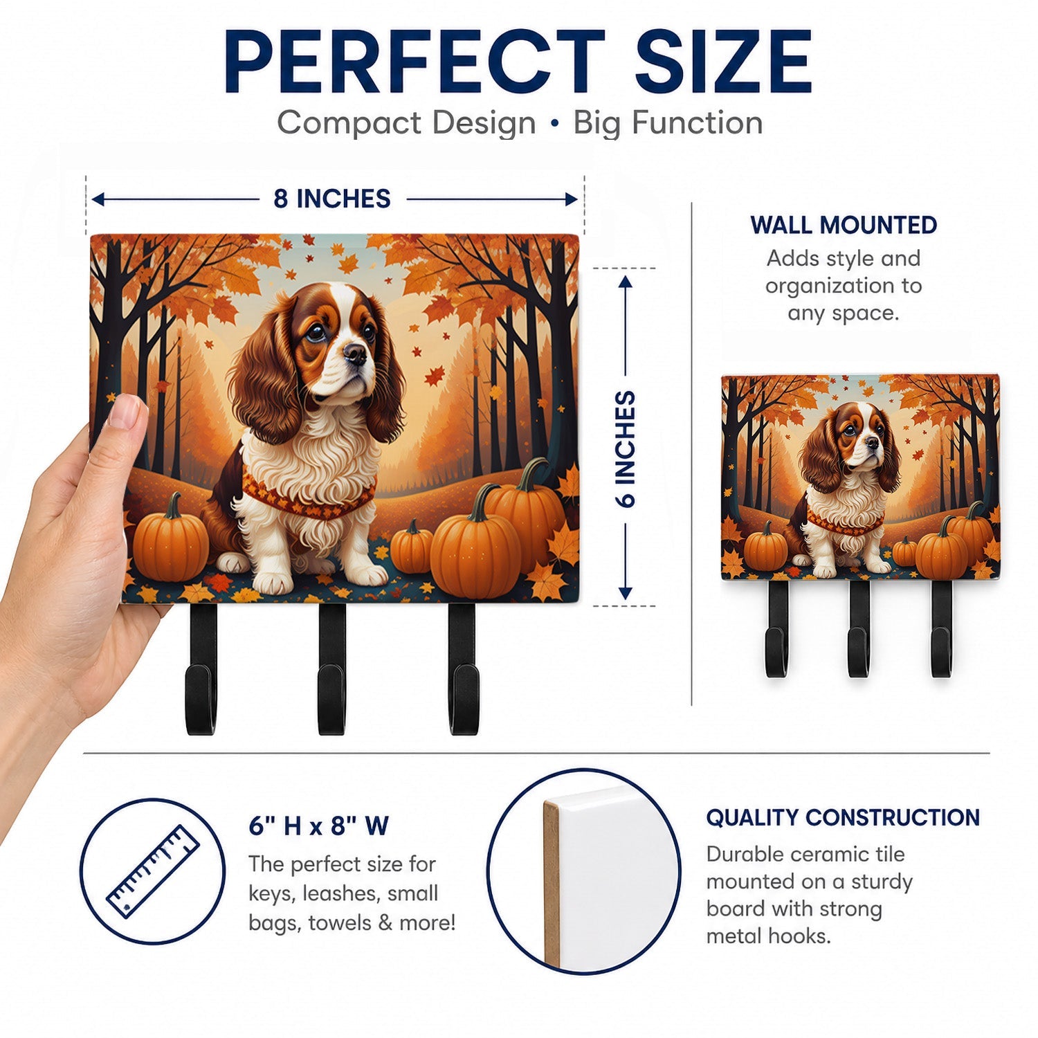 Cavalier Spaniel Fall Leash or Key Holder Wall Hooks, Coat Rack Wall Mount, for Hanging Keys, Towels, Aprons, Leashes