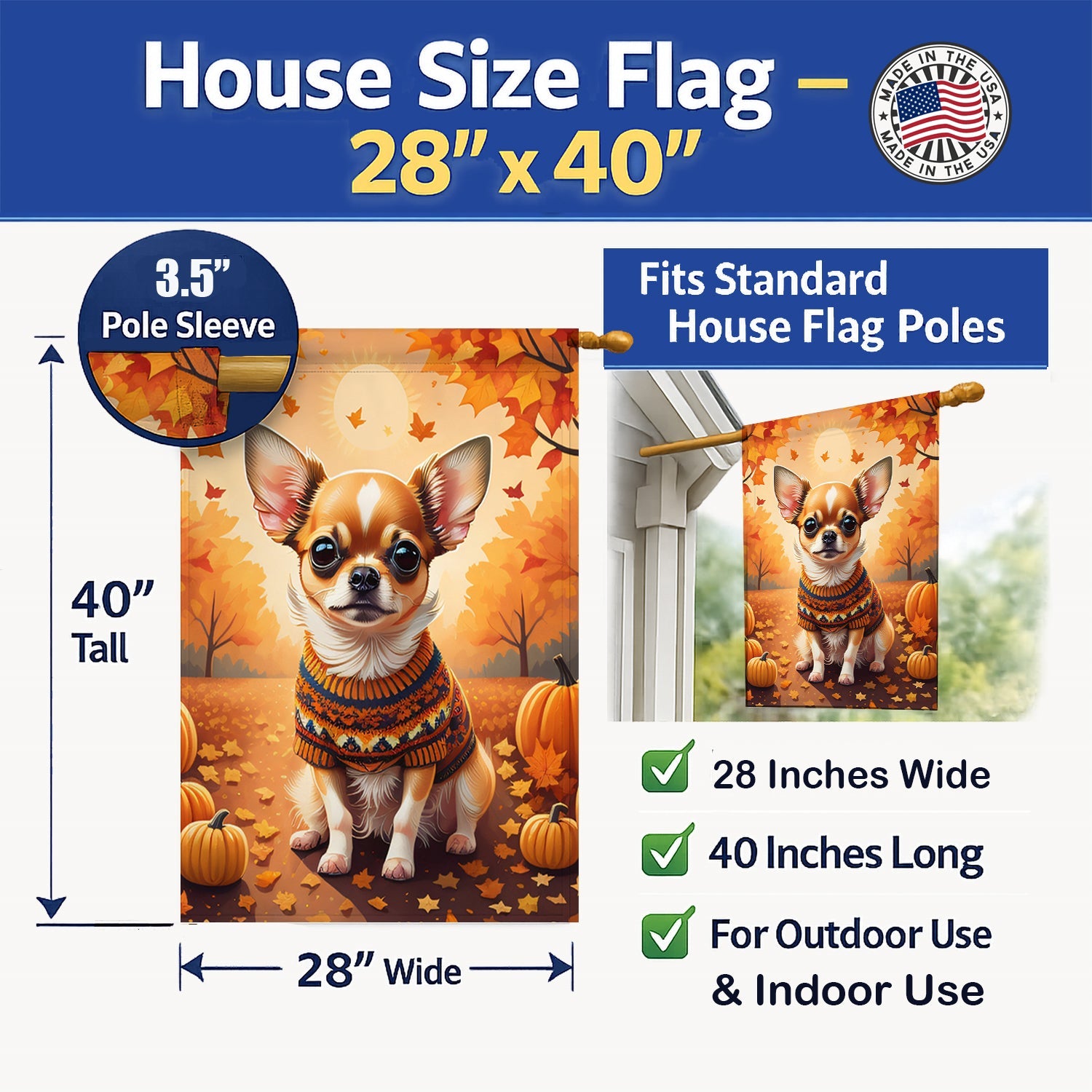 Chihuahua Fall House Flag 28x40 Porch Sleeve Pole Decorative Outside Yard Banner Artwork Wall Hanging, Polyester