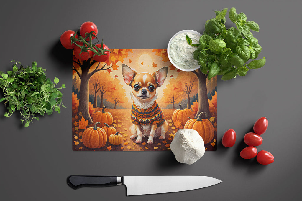Chihuahua Fall Cutting Board Tempered Glass Kitchen Cutting Surface, Heat Resistant Chopping, Non-Slip Feet, Food Prep & Serving