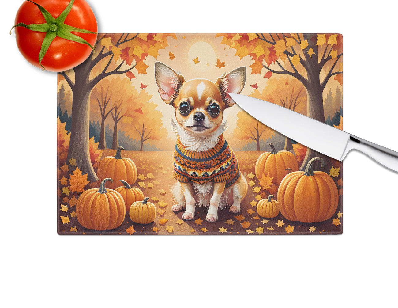 Chihuahua Fall Cutting Board Tempered Glass Kitchen Cutting Surface, Heat Resistant Chopping, Non-Slip Feet, Food Prep & Serving
