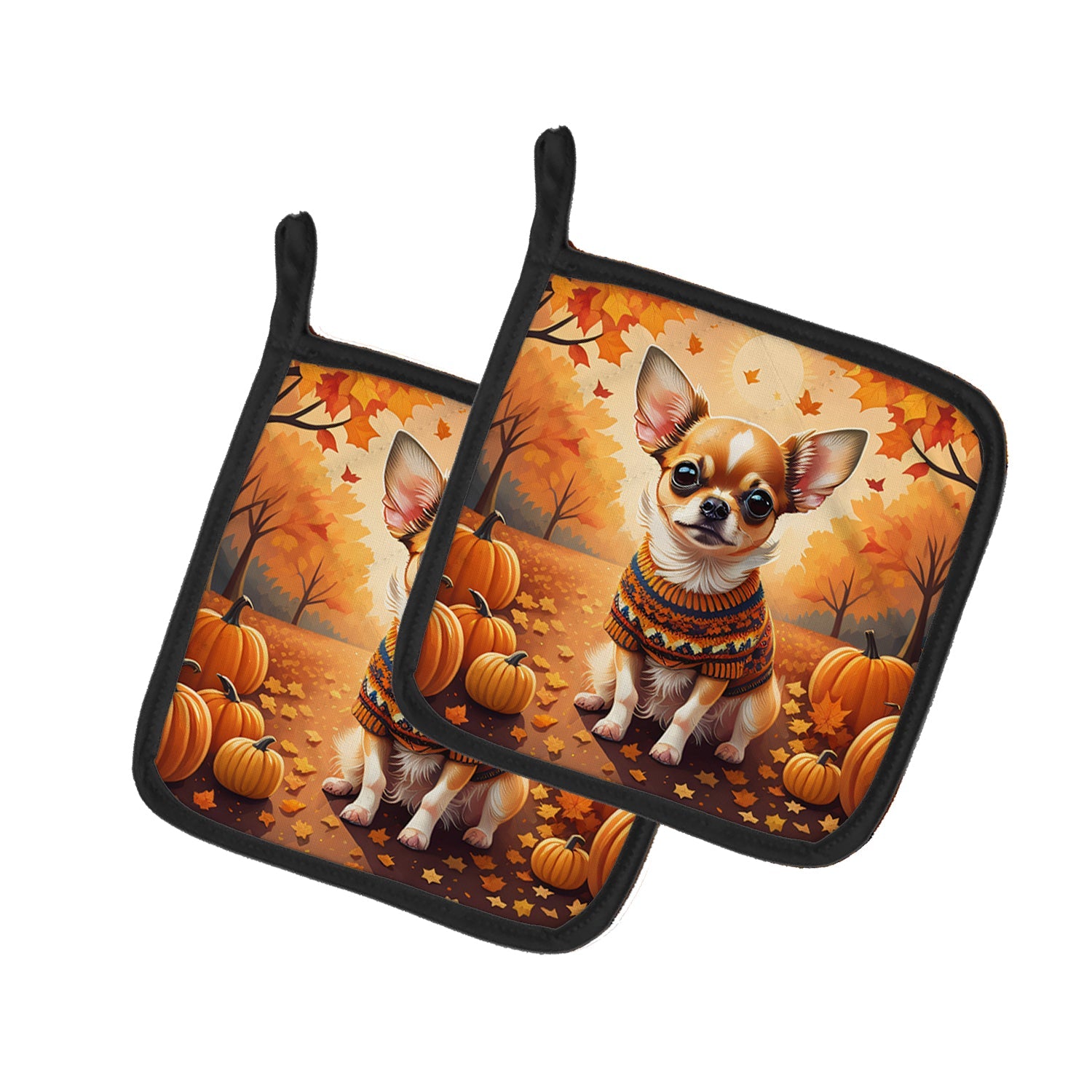 Chihuahua Fall Pot Holder Set of 2 Heat Resistant Quilted Hot Pads 7.5 x 7.5 Inch, Insulated Kitchen Trivets for Cooking & Baking