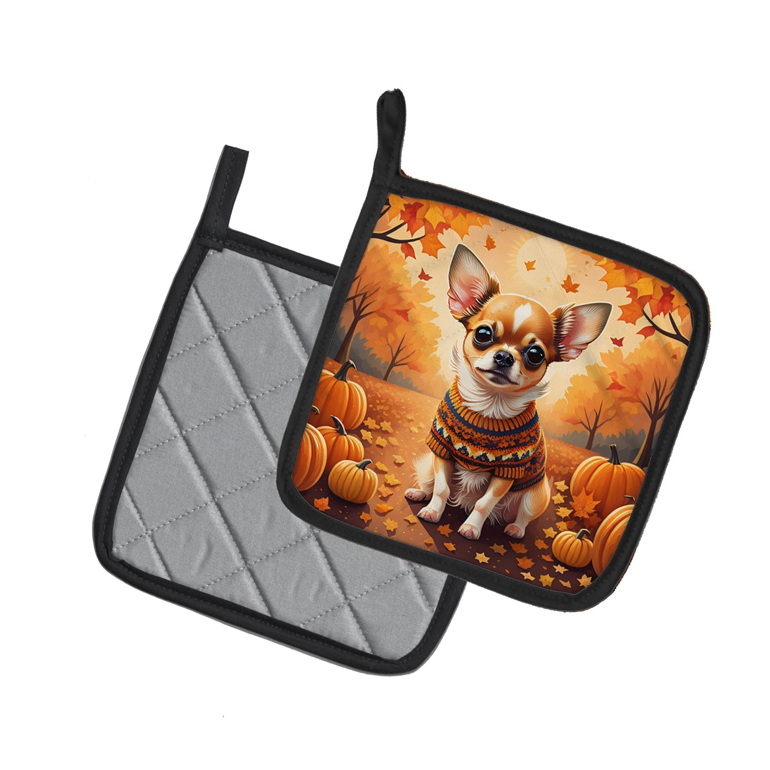 Chihuahua Fall Pot Holder Set of 2 Heat Resistant Quilted Hot Pads 7.5 x 7.5 Inch, Insulated Kitchen Trivets for Cooking & Baking