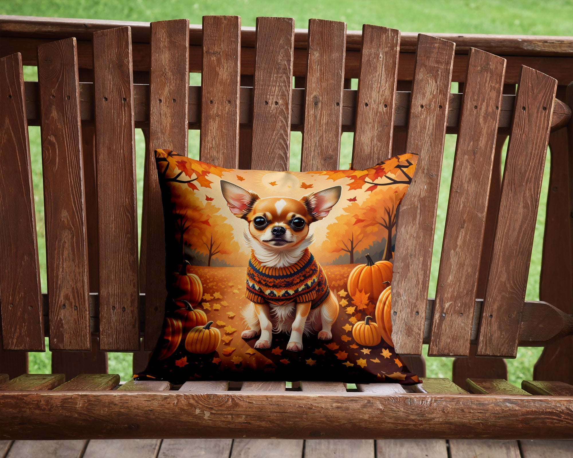 Chihuahua Fall Decorative Throw Pillow 14x14 Indoor Outdoor Accent Cushion, Fabric Cover with Insert for Sofa, Bed, Porch & Living Room