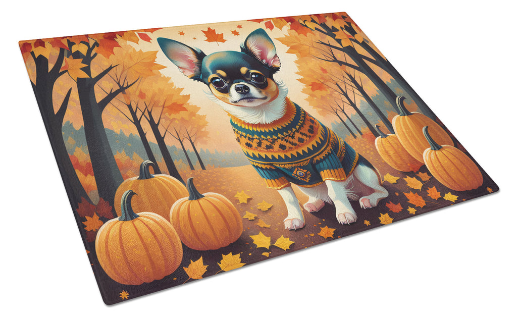 Tricolor Chihuahua Fall Cutting Board Tempered Glass Kitchen Cutting Surface, Heat Resistant Chopping, Non-Slip Feet, Food Prep & Serving