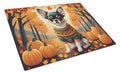 Tricolor Chihuahua Fall Cutting Board Tempered Glass Kitchen Cutting Surface, Heat Resistant Chopping, Non-Slip Feet, Food Prep & Serving