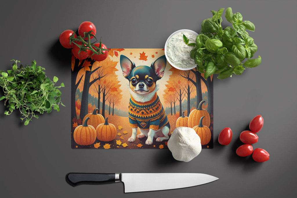 Tricolor Chihuahua Fall Cutting Board Tempered Glass Kitchen Cutting Surface, Heat Resistant Chopping, Non-Slip Feet, Food Prep & Serving