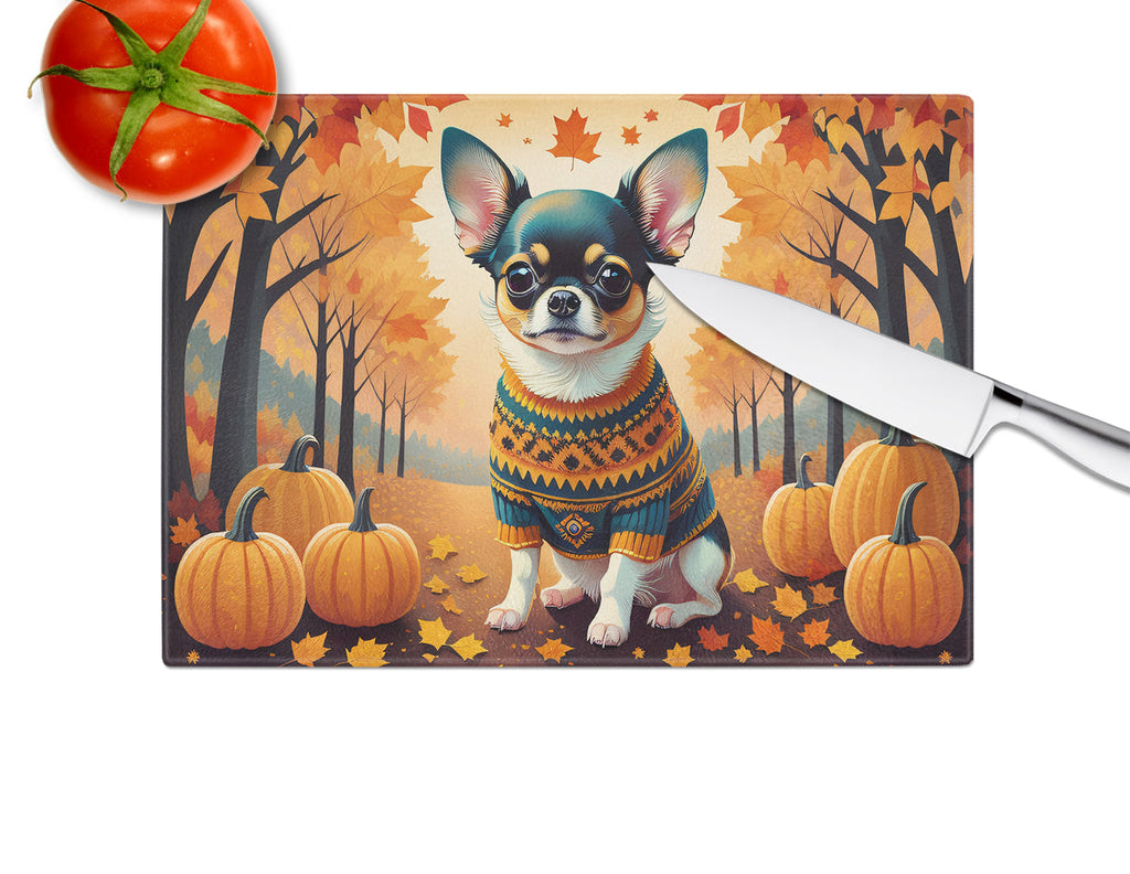 Tricolor Chihuahua Fall Cutting Board Tempered Glass Kitchen Cutting Surface, Heat Resistant Chopping, Non-Slip Feet, Food Prep & Serving