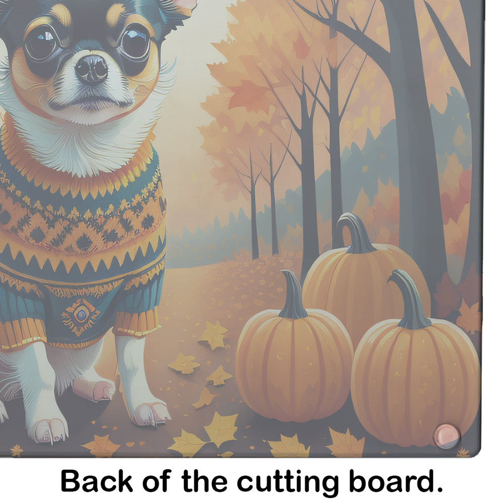 Tricolor Chihuahua Fall Cutting Board Tempered Glass Kitchen Cutting Surface, Heat Resistant Chopping, Non-Slip Feet, Food Prep & Serving