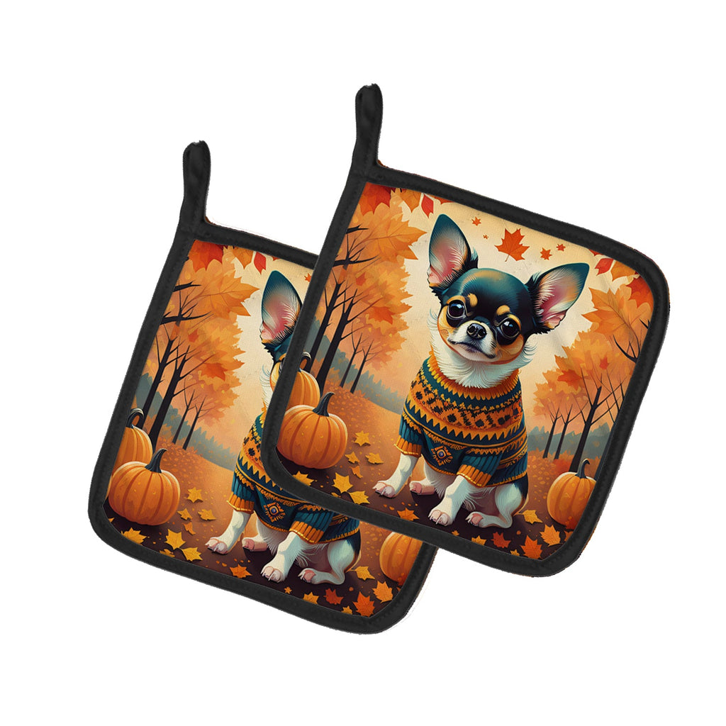 Tricolor Chihuahua Fall Pot Holder Set of 2 Heat Resistant Quilted Hot Pads 7.5 x 7.5 Inch, Insulated Kitchen Trivets for Cooking & Baking