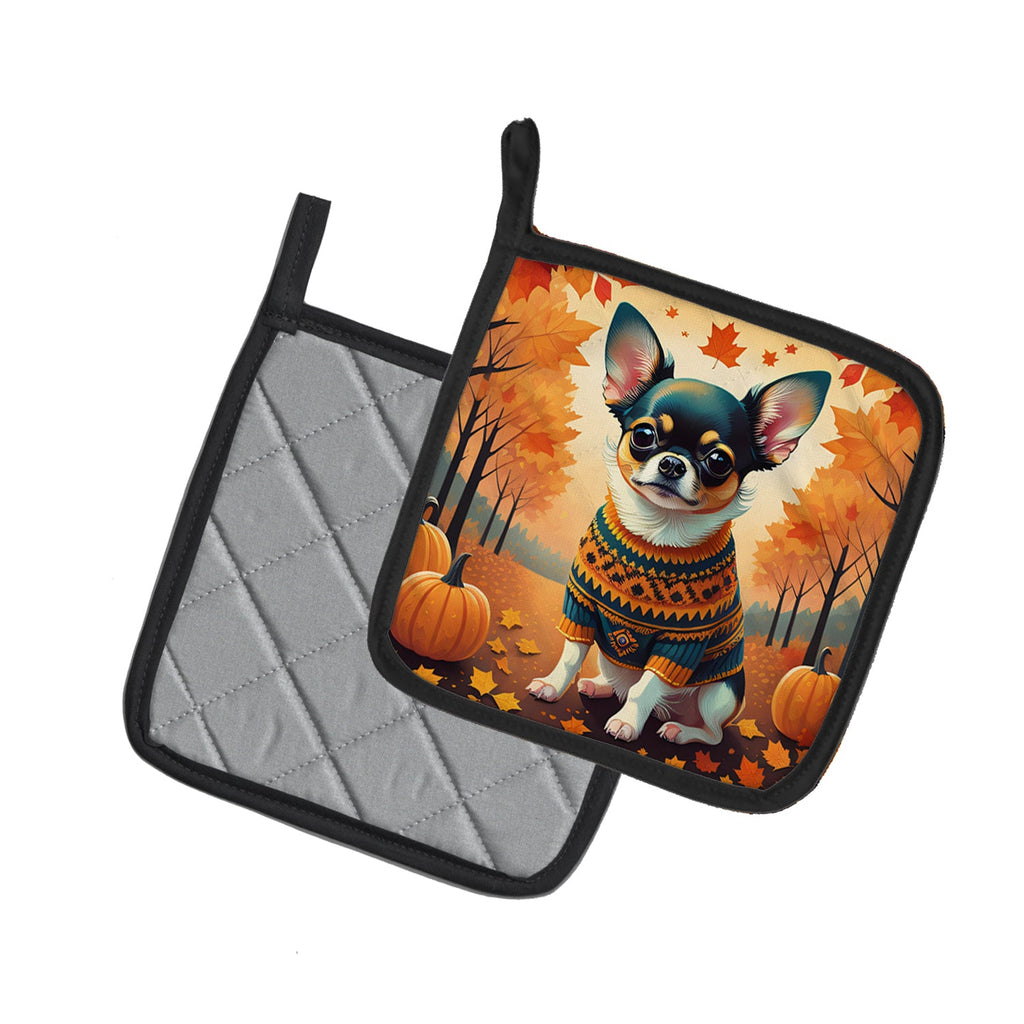 Tricolor Chihuahua Fall Pot Holder Set of 2 Heat Resistant Quilted Hot Pads 7.5 x 7.5 Inch, Insulated Kitchen Trivets for Cooking & Baking