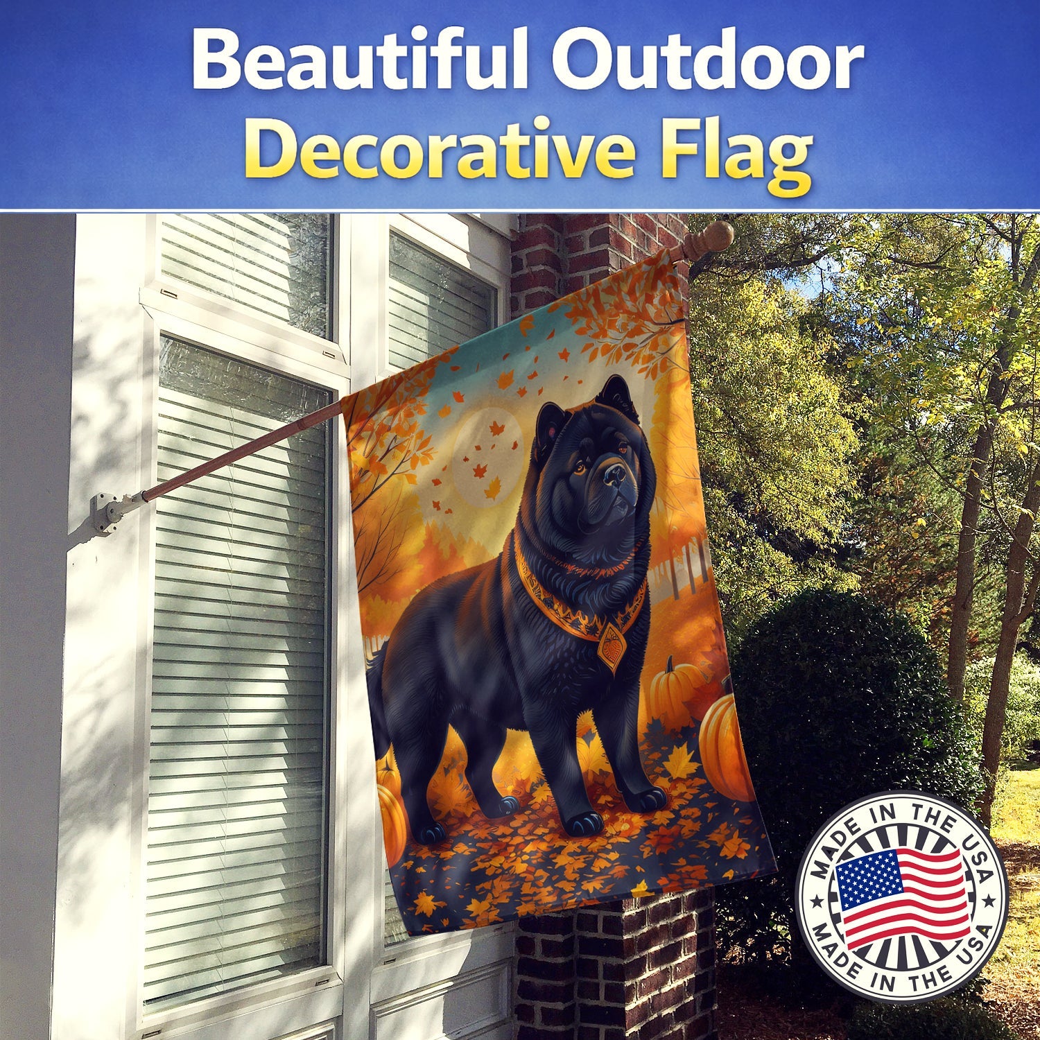Black Chow Chow Fall House Flag 28x40 Porch Sleeve Pole Decorative Outside Yard Banner Artwork Wall Hanging, Polyester