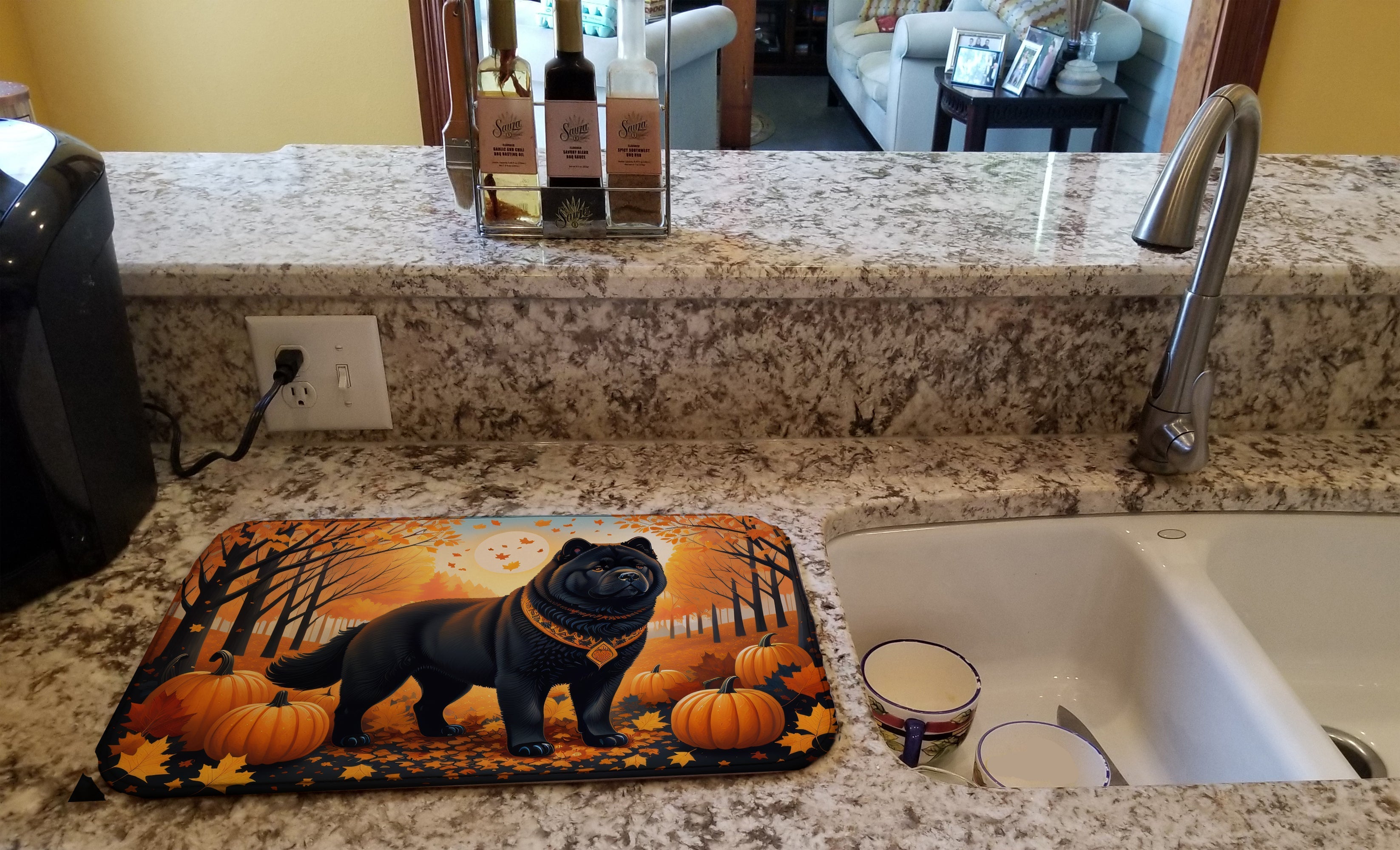 Black Chow Chow Fall Dish Drying Mat Absorbent Dish Drying Mat Pad for Kitchen Counter Dish Drainer Mat for Countertop, 14 x 21", Multicolor
