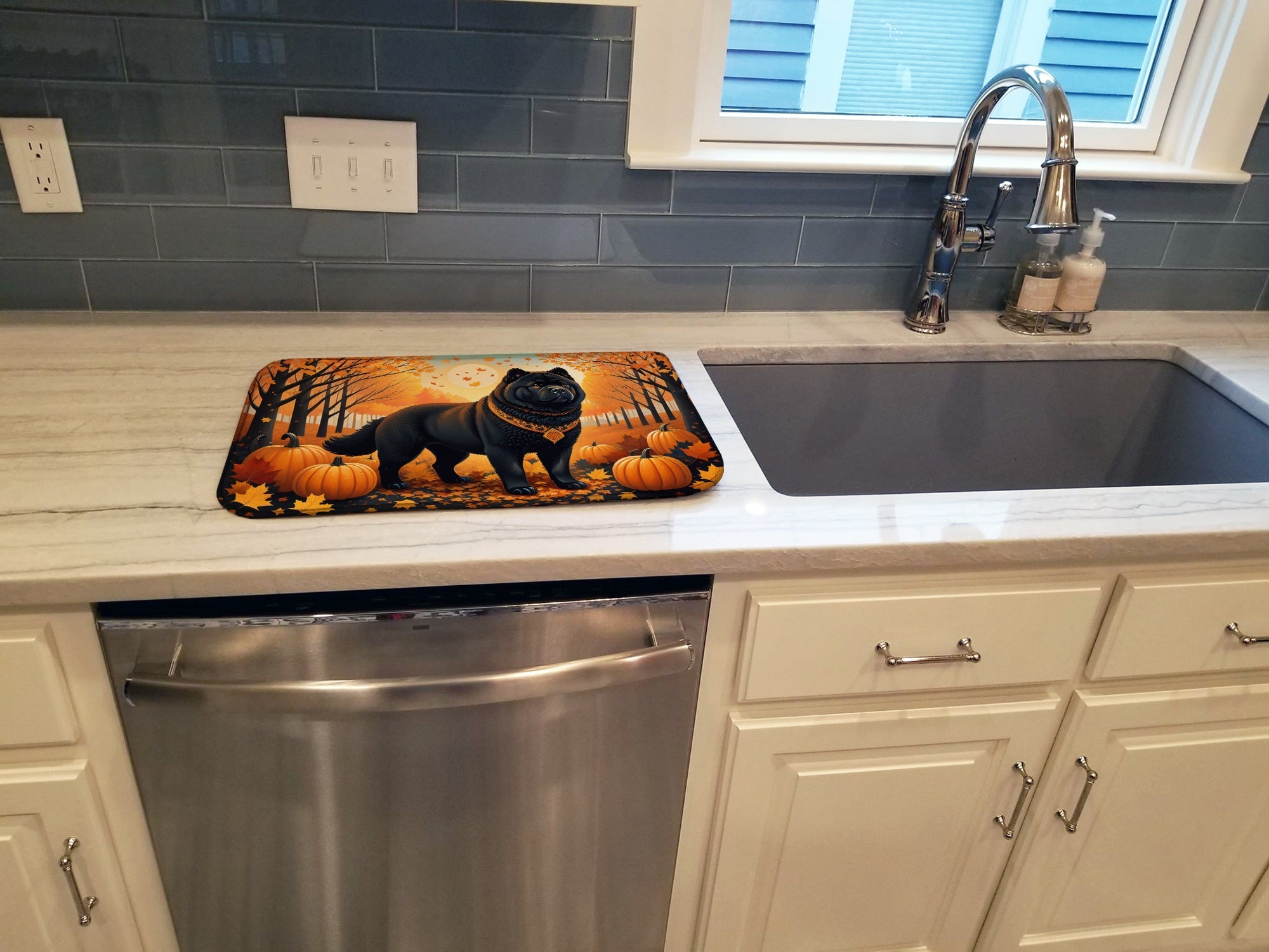 Black Chow Chow Fall Dish Drying Mat Absorbent Dish Drying Mat Pad for Kitchen Counter Dish Drainer Mat for Countertop, 14 x 21", Multicolor