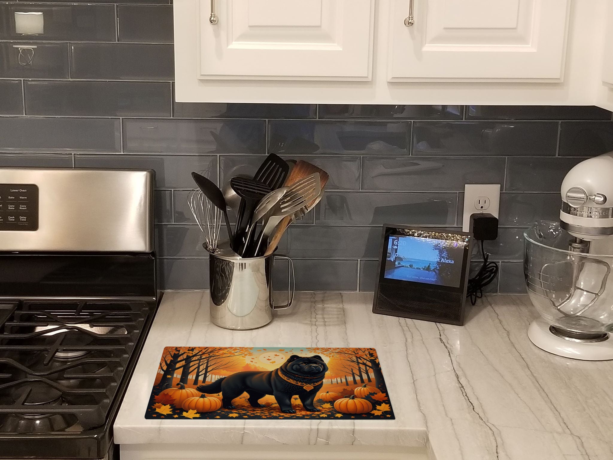 Black Chow Chow Fall Cutting Board Tempered Glass Kitchen Cutting Surface, Heat Resistant Chopping, Non-Slip Feet, Food Prep & Serving