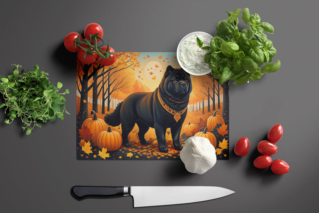 Black Chow Chow Fall Cutting Board Tempered Glass Kitchen Cutting Surface, Heat Resistant Chopping, Non-Slip Feet, Food Prep & Serving