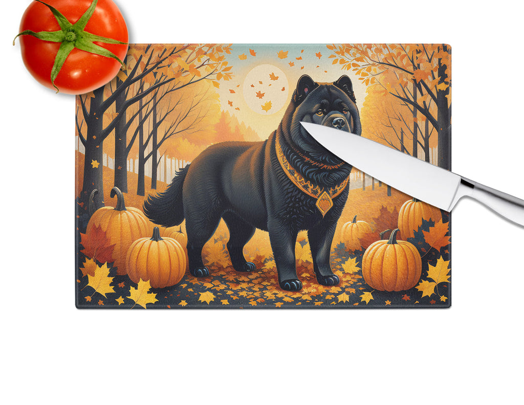 Black Chow Chow Fall Cutting Board Tempered Glass Kitchen Cutting Surface, Heat Resistant Chopping, Non-Slip Feet, Food Prep & Serving
