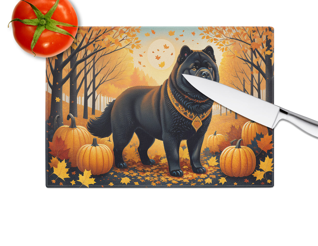 Black Chow Chow Fall Cutting Board Tempered Glass Kitchen Cutting Surface, Heat Resistant Chopping, Non-Slip Feet, Food Prep & Serving