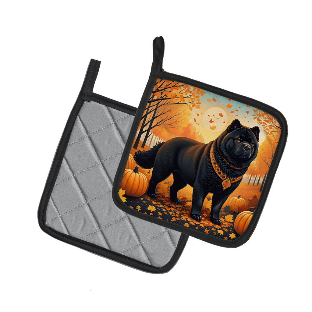 Black Chow Chow Fall Pot Holder Set of 2 Heat Resistant Quilted Hot Pads 7.5 x 7.5 Inch, Insulated Kitchen Trivets for Cooking & Baking